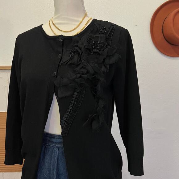 August Silk Black Soft Embellished Floral Detail Button Front Cardigan Sweater - Picture 8 of 12